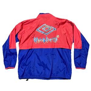Vintage 90s Umbro Red Blue Anorak Windbreaker Jacket Mens XL Hood Kangaroo